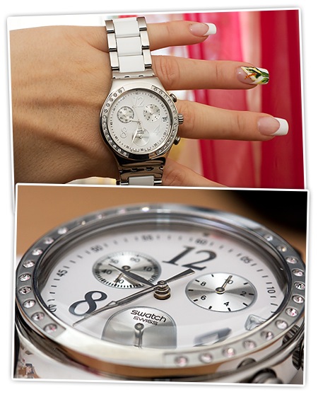 Neue Armbanduhr von Swatch - weiss und metall, Glitzersteinchen am Rand