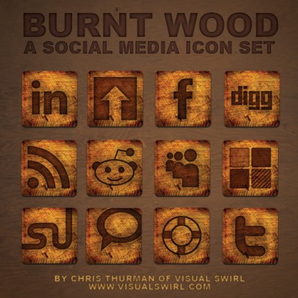 Social Media Icons im verbrannten Holzlook